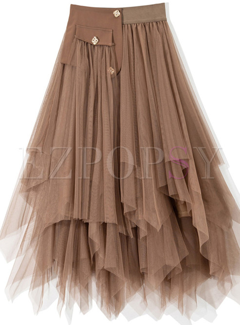 Fashion Irregular Hem Mesh Flutter Midi Skirts For Women