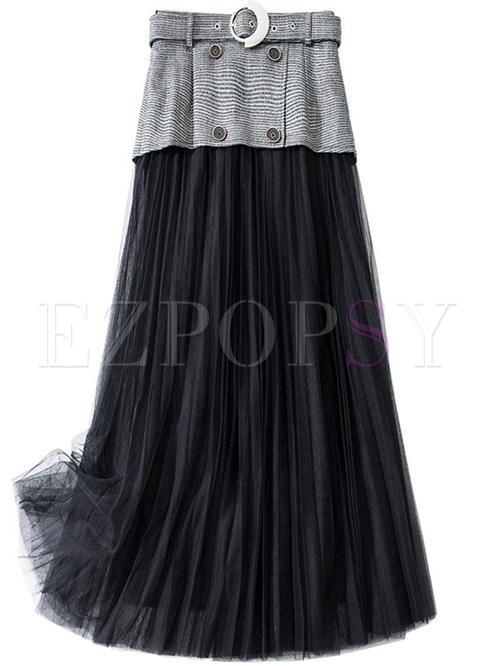 Pretty Double-Breasted Mesh Splicing Long Skirts For Women