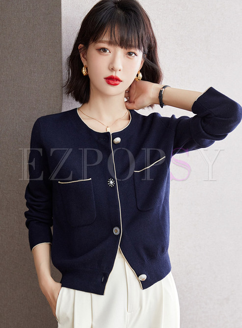 Basic Single-Breasted Crewneck Open Front Knitted Women