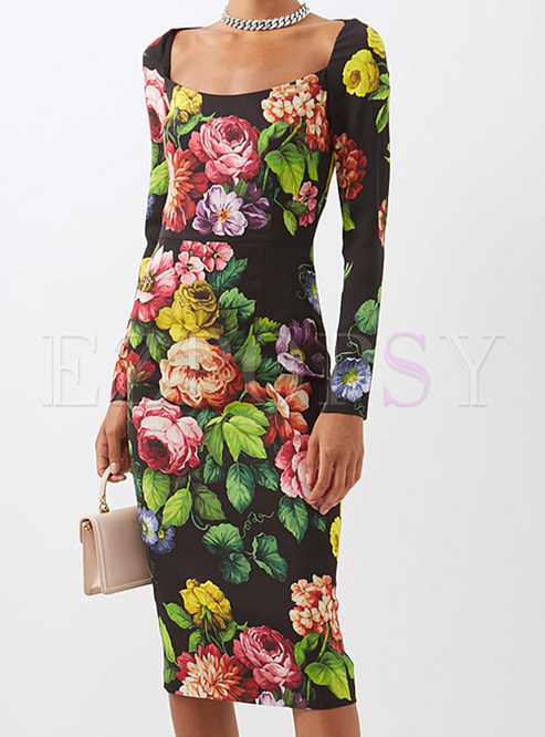 Fashion Square Neck Floral Print Corset Dresses