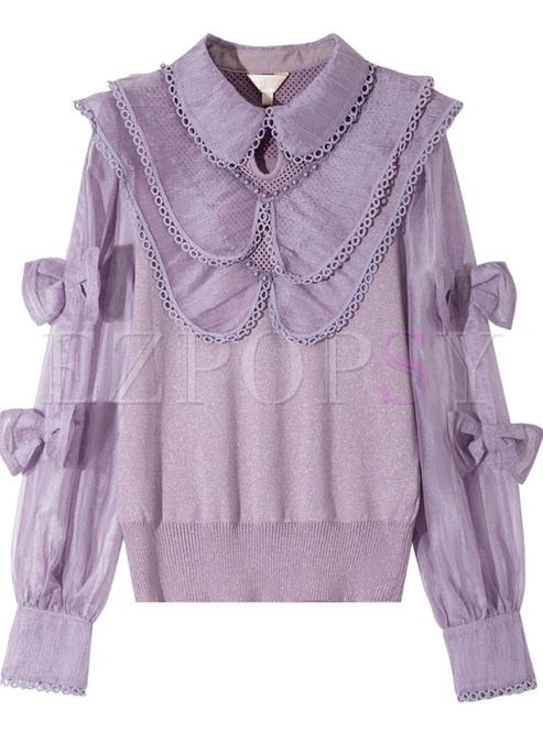 Turn-Down Collar Bow-Embellished Circle Trims Tops For Women