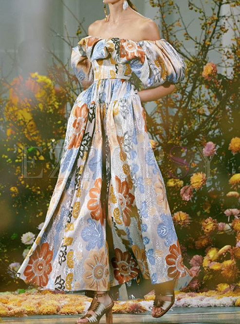 Vintage Off-The-Shoulder Floral Print Puff Sleeve Long Dresses