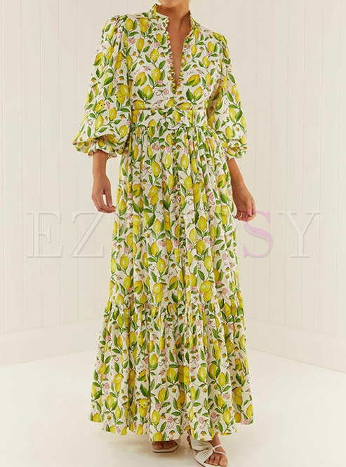 Fashion V-Neck Lantern Sleeve Allover Print Long Dresses