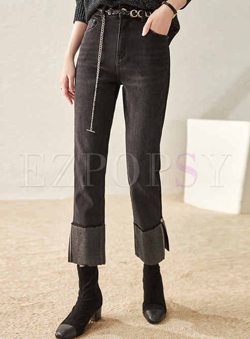 Chicwish Fur-Lined Split High Waisted Jeans For Women