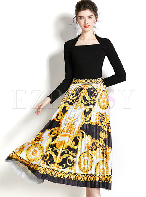 Vintage Square Neck Knitted Jumper & Printed Pleated Mid Length Skirts