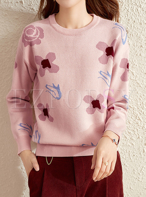 Fantasy Crewneck Flower Decor Sweaters For Women