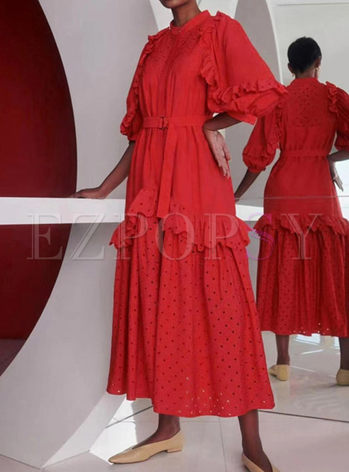 Elegant Puff Sleeve Distored Selvedge Openwork Maxi Dresses