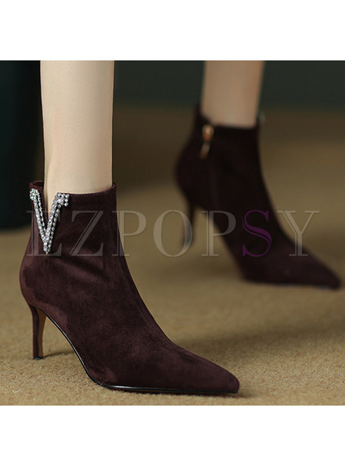 Chicwish Pointed Toe Pointed Heel Crystal-Embellished Ankle Boots For Women