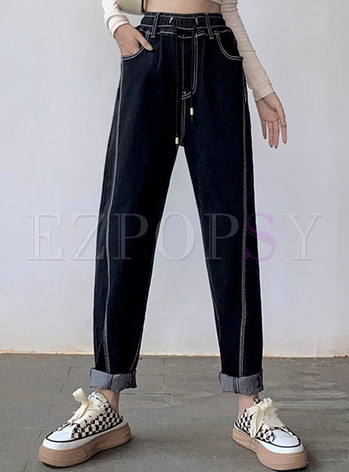 Comfortable Loose Solid Jean Pants For Women