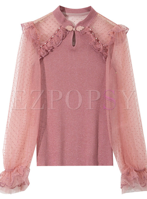 V-Neck Tulle Patch Knitted Jumper For Women