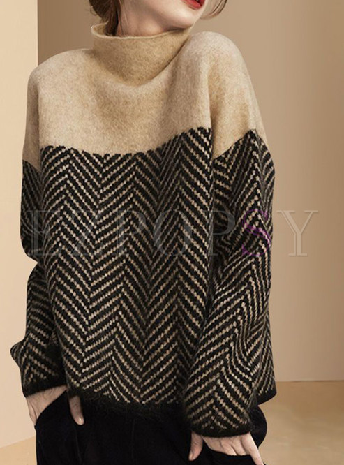 High Neck Striped Patchwork Sweaters For Women