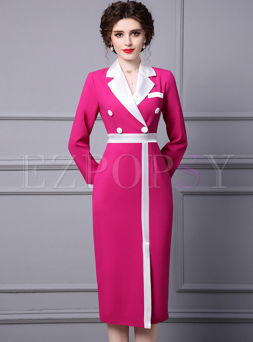 Large Lapels Contrasting Double-Breasted Office Dresses