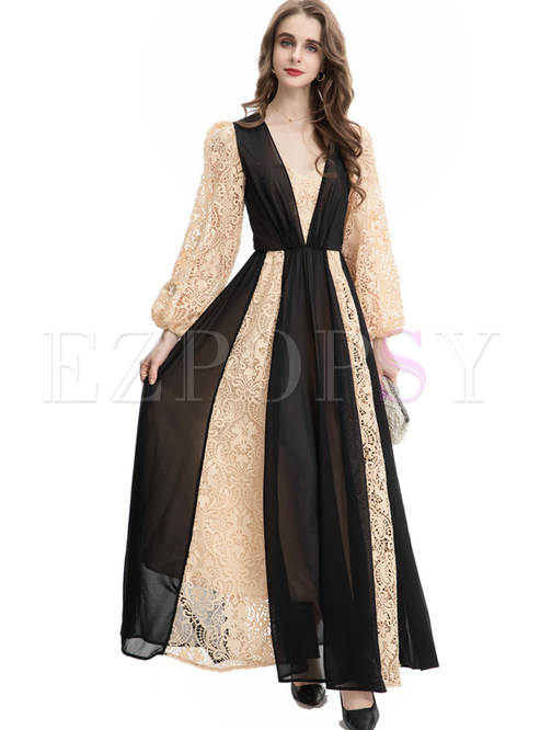 Glamorous Openwork Transparent Patch Long Dresses