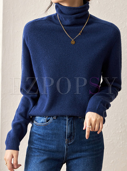High Neck Solid Wool Knit Jumper Womens