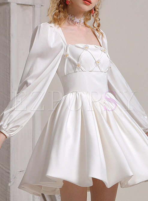 Luxe Square Neck Big Hem White Dresses