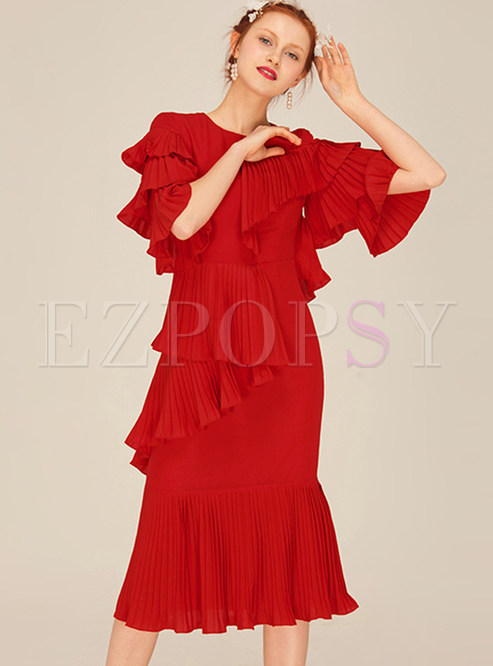 Quality Crewneck Flare Sleeve Pleated Pleated Layer Frill Dress