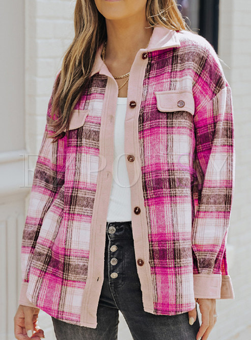 Relaxed Turn-Down Collar Plaid Ladies Blouses