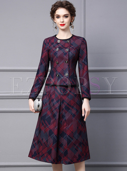 Court Crewneck Plaid Double-Breasted Skirt Outfits For Women