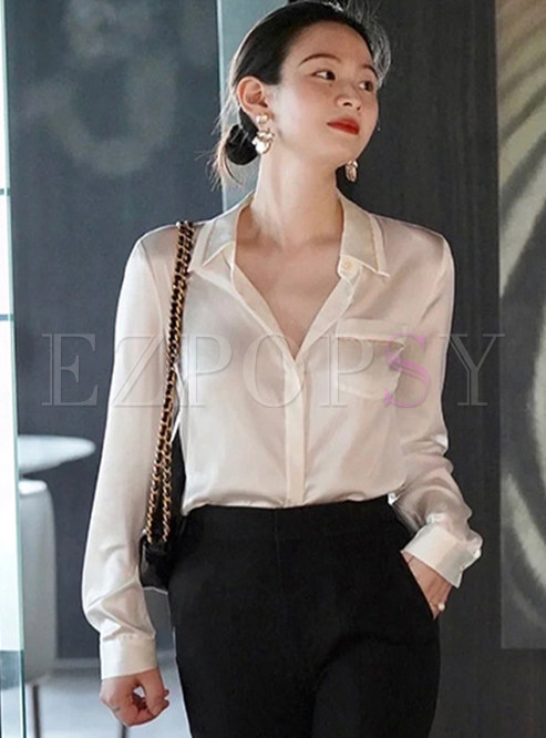 Exclusive Turn-Down Collar Solid Color White Blouses For Women