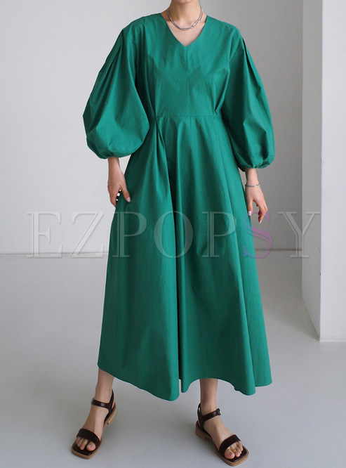 Simple Lantern Sleeve V-Neck Plus Size Dresses