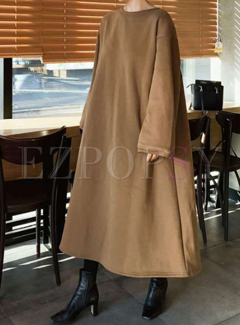 Relaxed Chunky Crewneck Solid Color Long Dresses