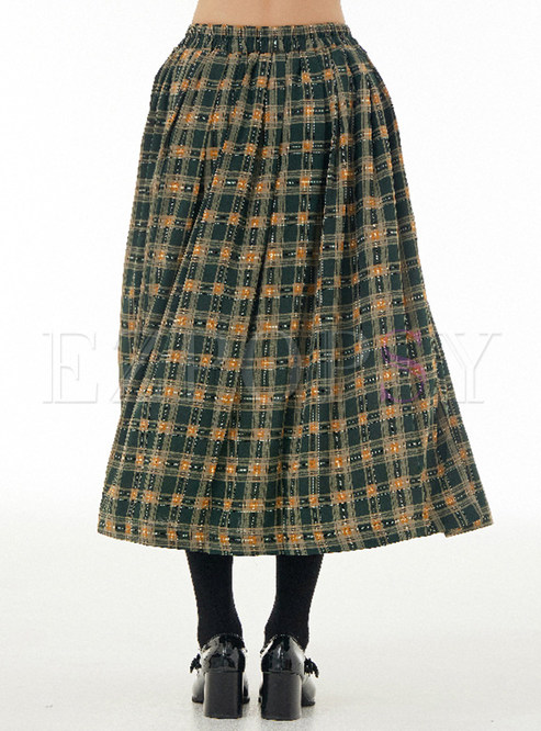 Vintage Elastic Waist Plaid Maxi Skirts Women