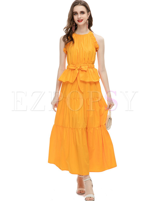 Exclusive Solid Color Ruffles Long Vest Dresses