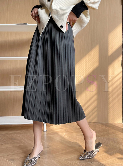 Minimalist High Waisted Pleated Solid Color Midi Skirts For Women