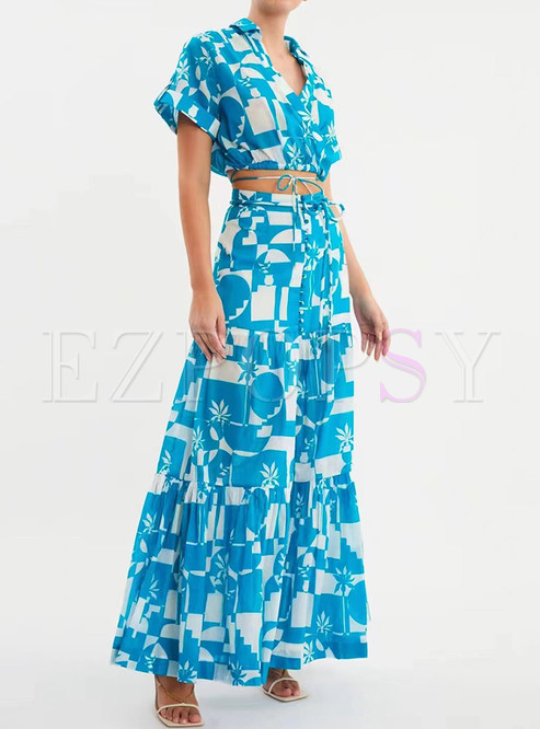 Fashion Cropped Blouses & All Over Print Swing Long Skirts For Women