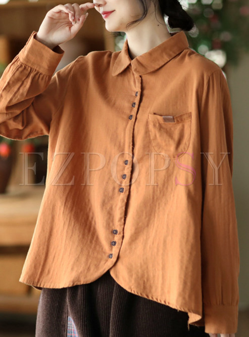 Relaxed Turn-Down Collar Solid Color Women Tops