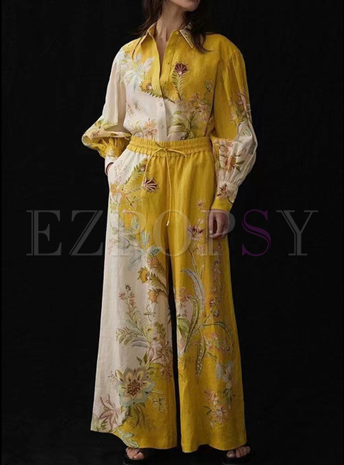 Romantic Puff Sleeve Ladies Blouses & High Waisted Wide Leg Pant Suits