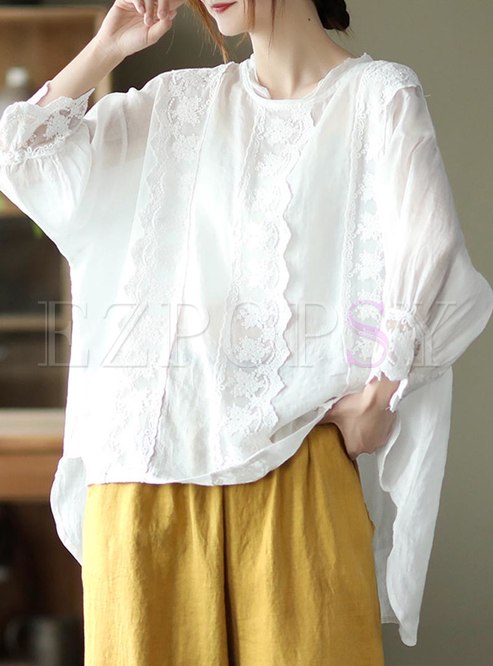 Loose Embroidered Crew Neck Plus Size Blouses For Women