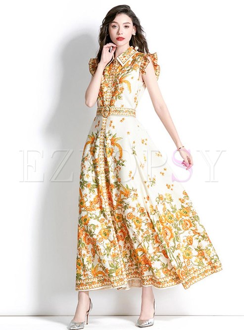 Turn-Down Collar Vintage Floral Print Maxi Dresses
