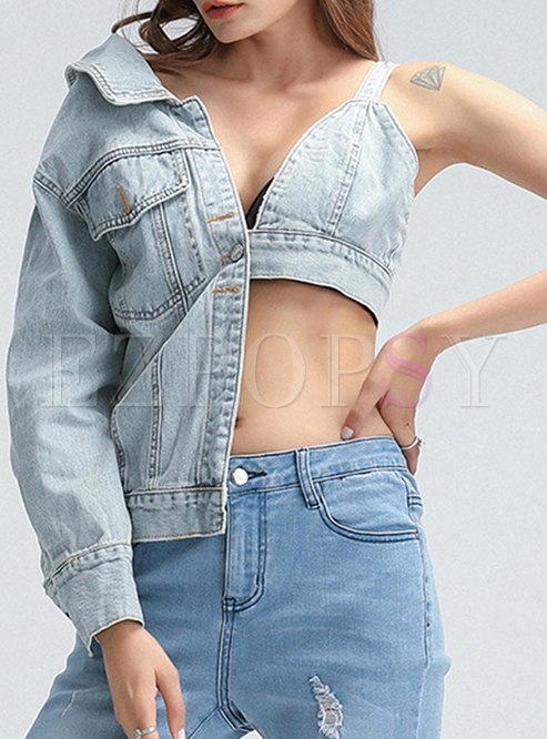 Fashion Asymmetrical Solid Color Denim Jackets For Women