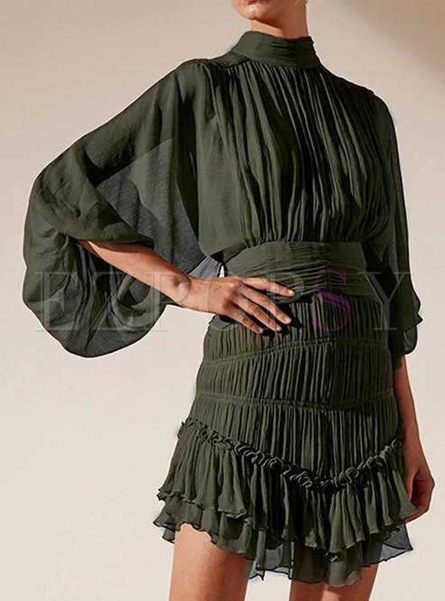 Fashion Mockneck Pleated Ruffles 3/4 Sleeve Short Dresses