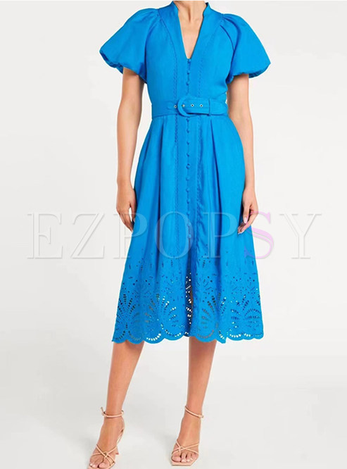 Puff Sleeve Button-Front Corset Lace Dress