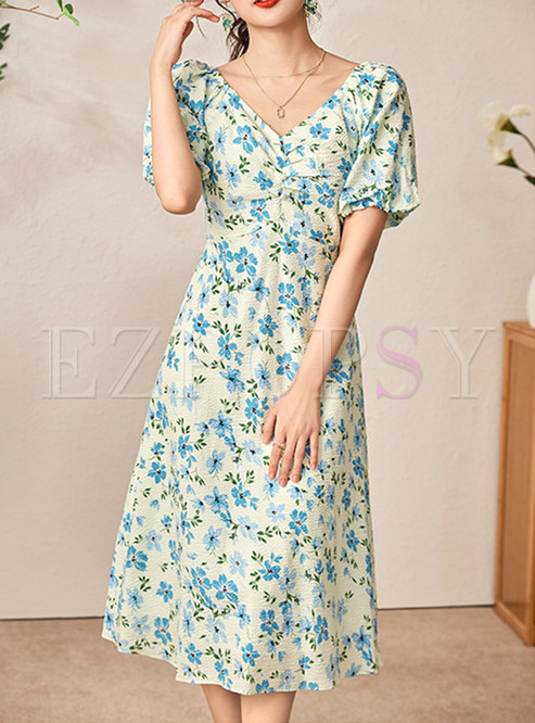 Floral Print Puff Sleeve Holiday Dress