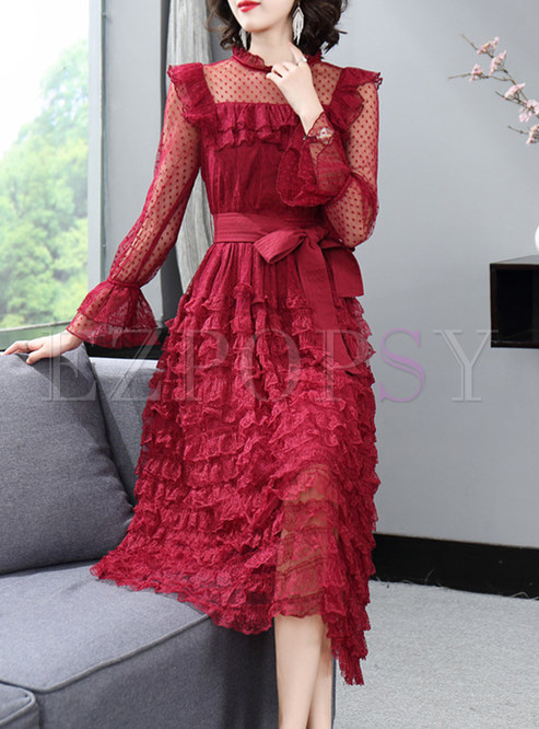 Waist Bow Tied Mesh Sheer-Sleeve Party Dress