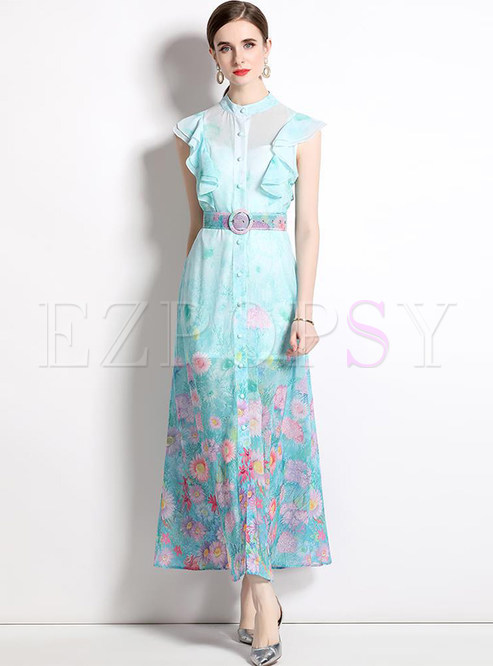 Floral-Print Ruffle-Bodice Corset Dress