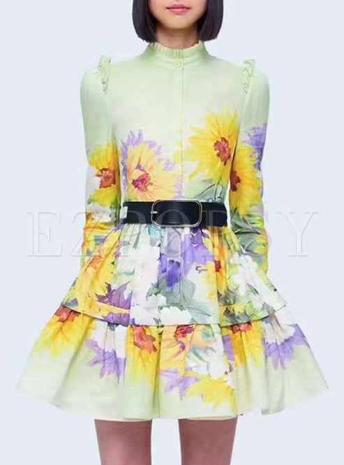 Captivated Sunflower Print Mini Bustier Tiered Dress