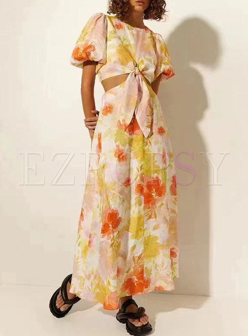 Floral Print Puff Sleeve Waist Hollow Out Maxi Dress