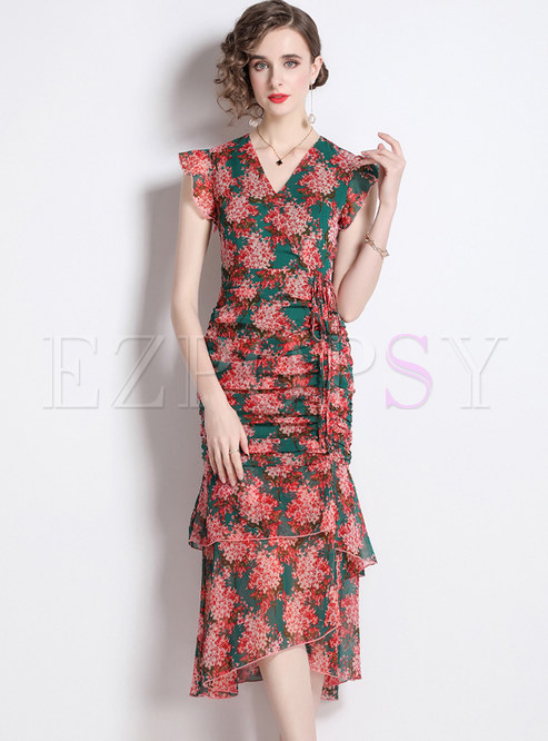 Floral Print Corset Bodycon Asymmetric Dress