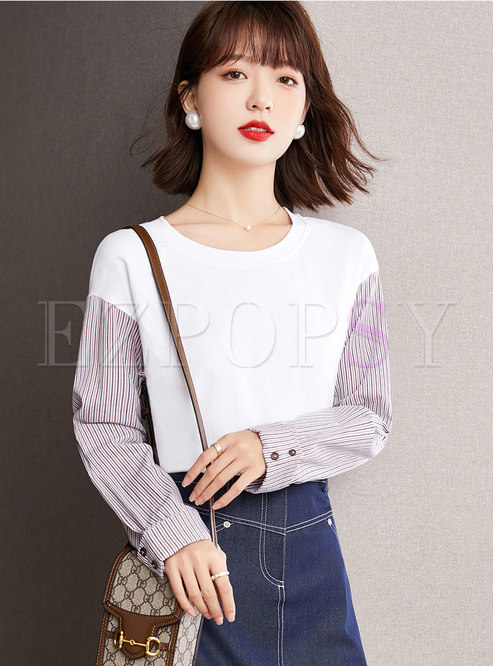 Crewneck Striped Splicing Tops For Women