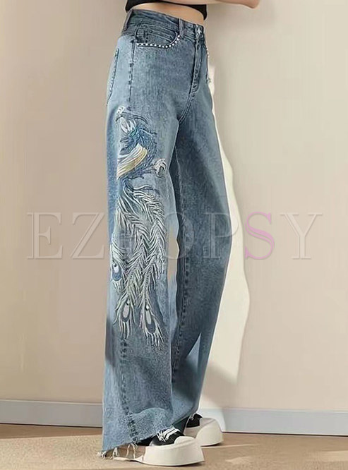 Minimalist High Waisted Embroidered Plus Size Jeans For Women