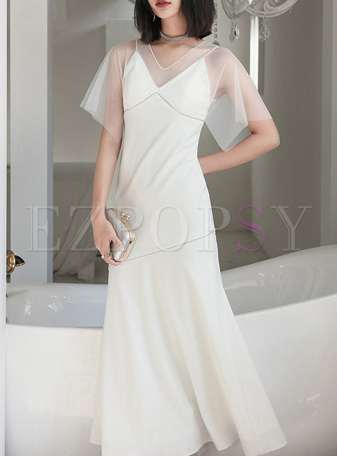 Mesh Sheer-Sleeve White Prom Dress