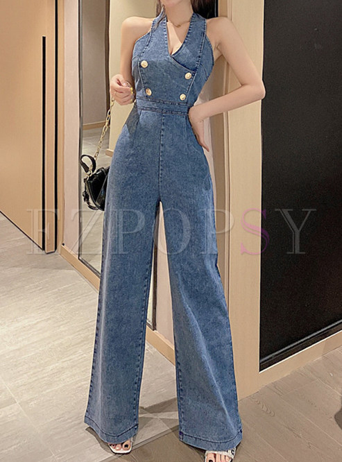 Sleeveless Halter Jumpsuit With Button In Detail