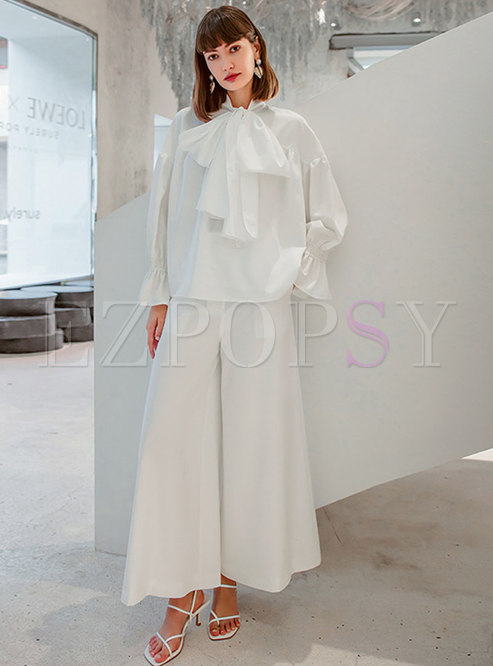 Tie Front White Blouses & Lounge Wide Leg Pants For Women