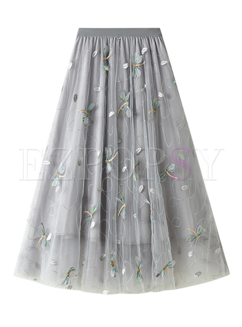 Embroidered High Waist Skirt With Dragonfly In Detail