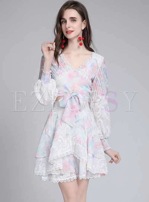 Fresh Floral Print Tiered Waist Hollow Out Lace Dress
