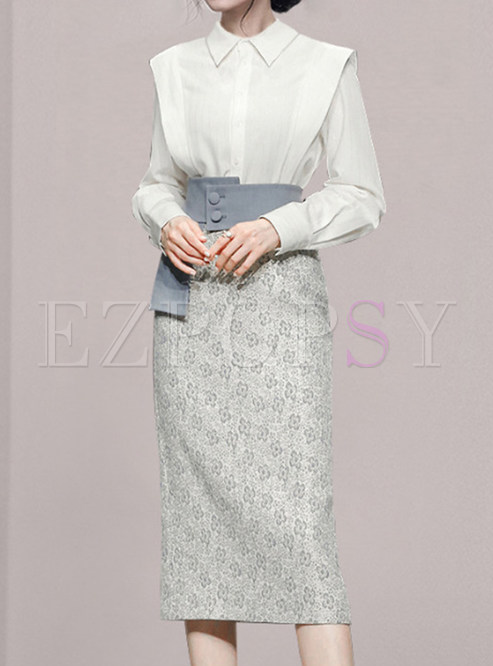 White Shirt & Waist Button-Embellished Skirt Suit